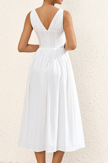 Simple White V Neck A Line Long Summer Dress with Bow